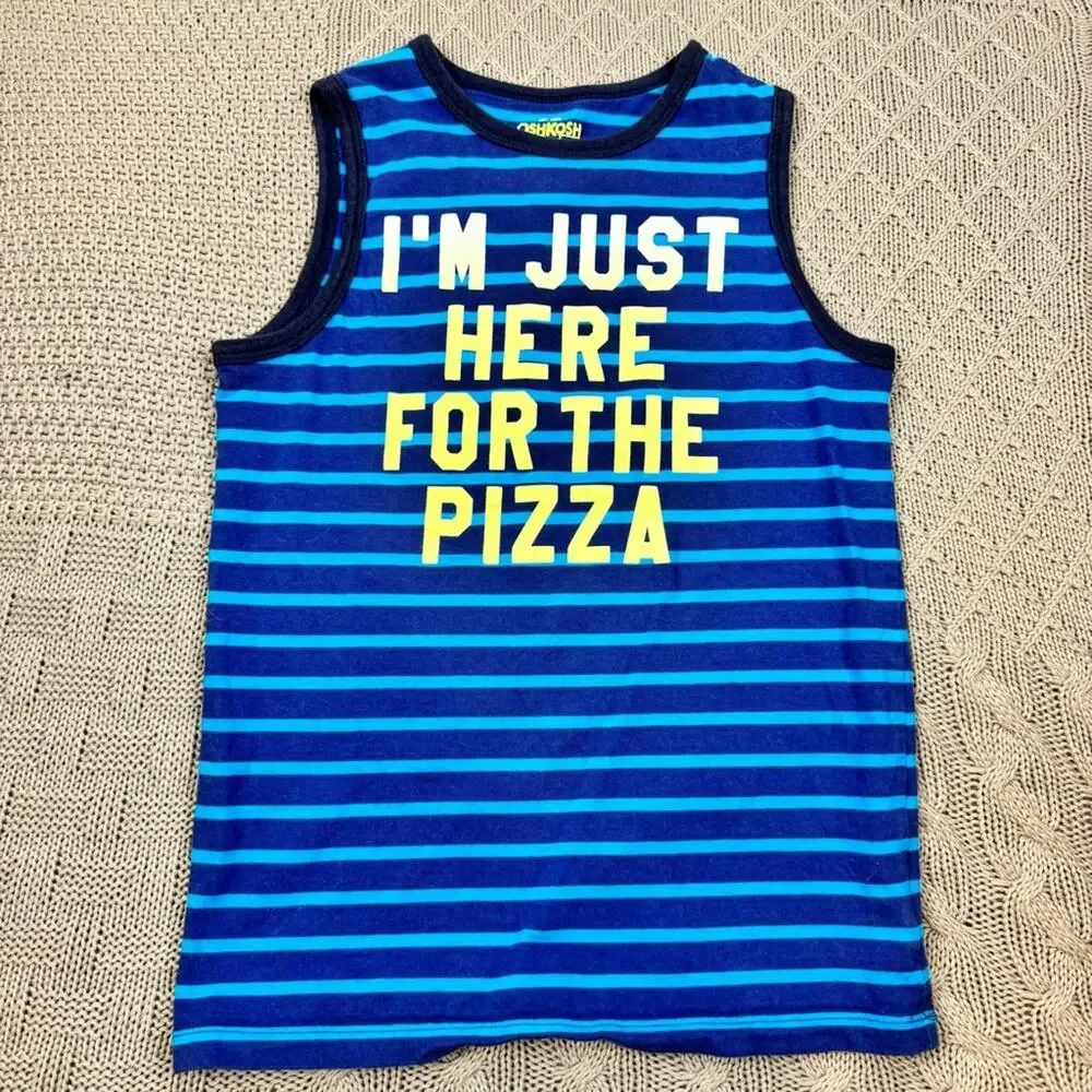 OshKosh B'gosh Blue and Yellow Striped Kids Just Here For The Pizza Tank Top ~ 8